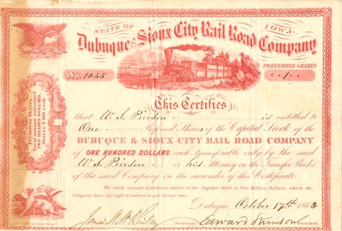 Dubuque and Sioux City Rail Road Co. - Stock Certificate